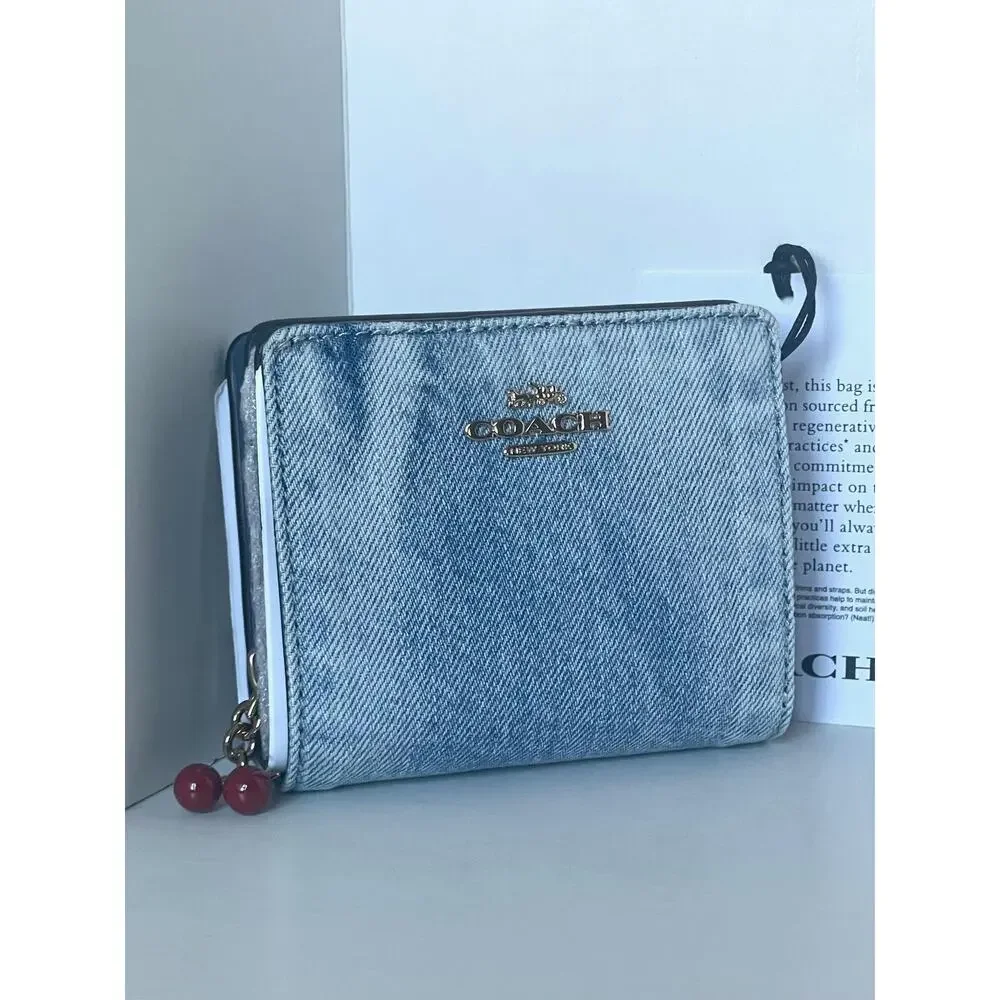 Coach Snap Wallet CEC35 Loved Denim Light Indigo Cherry Charm
